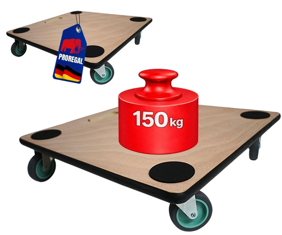 PROREGAL Carrello da transporto professionale con 4 ruoto | AxLxP 11,5x50x50cm | Portata 150kg | Pannello di compensato | Marrone | 2 Pezzi | Carrello per mobili