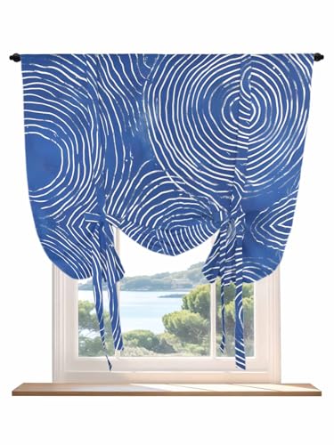 Tie Up Curtains for Windows Blue Geometric Roman Shade 34 x 45 Inch Bathroom Curtains Window Modern Minimalism Abstract Striped Rod Pocket Short Balloon Curtains for Living Room Kitchen Small Blinds