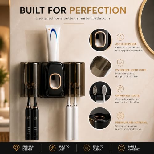 Image of TENOM Tooth Brush Holder Bathroom with Toothpaste Dispenser, Self Adhesive Toothbrush Holders for Bathroom Wall, Dustproof, BPA Free Wall Mounted Bathroom Organizer (Black, 2 Cup)