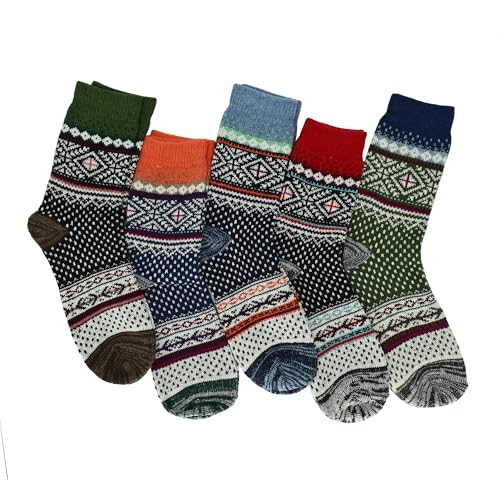 Image of 5 Pairs Vintage Winter Women Socks Warm Thick Knitted Soft Wool Socks Christmas Gifts Cozy Crew Socks