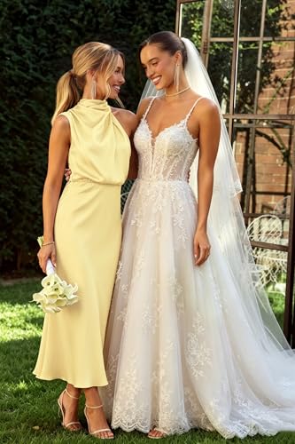 Image of Women's Satin Maxi Dress Summer Formal Wedding Guest Cocktail Dress | Mock Neck Sleeveless,Elegant Silk Midi Long Dress,High Neck,Halter,Aline,Bridesmaid,Bridal Shower Guest,Garden Party,Dinner