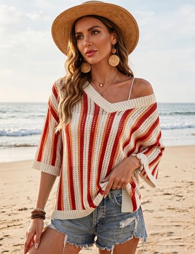 Image of Rapbin Women's Crochet V Neck Beach Cover Up 3 /4 Sleeve Hollow Out Knitted Pullover Sweater