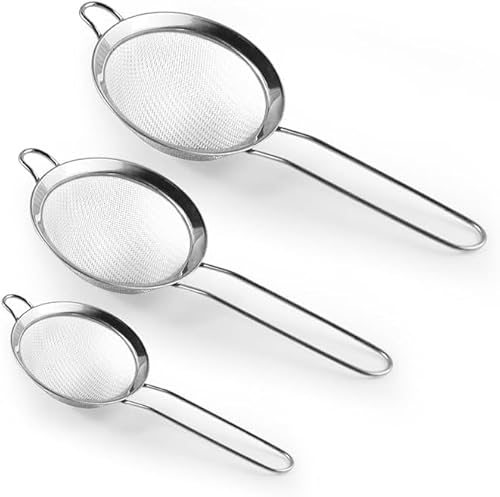 3 Pcs Sieves and Strainers Set - Stainless Steel, Fine Mesh Strainer for for Baking and Cooking Flour Quinoa Tea Juice