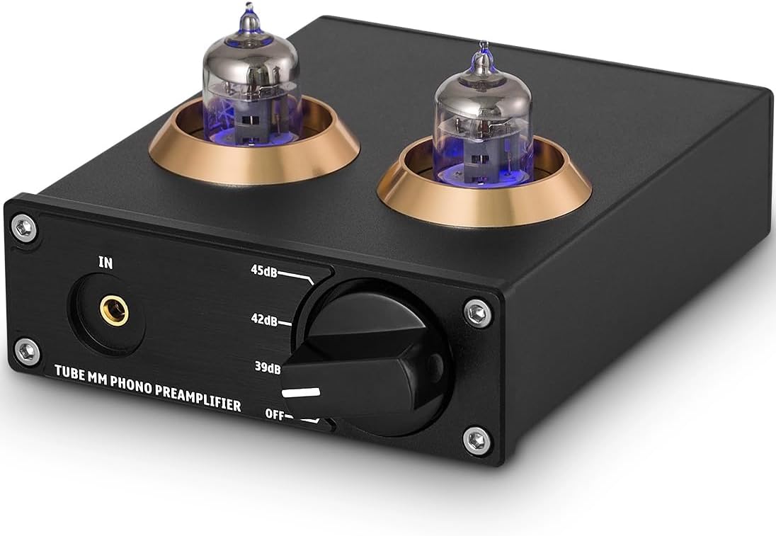 Mini Audio Preamplifier, HiFi MM Phono Stage Turntable Preamp, 2 Vacuum Tube, with Gain Adjustment Switch, for Home Theater HiFi System