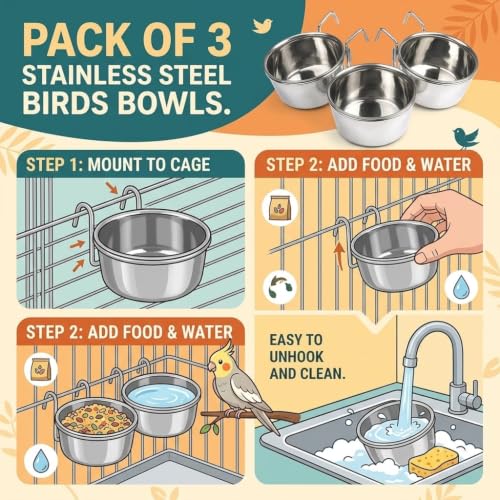 Image of Pets Empire Best Stainless Steel Birds Coop Cup Feeder Bowl (500 ML Pack of 2, Clamp)