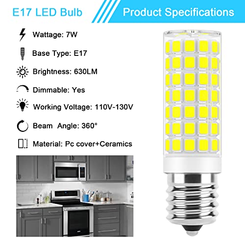 Image of E17 LED Bulb Dimmable, 7W Microwave Over Stove Bulb, 120V 60W Incandescent Equivalent, Daylight White 6000K, Fit for Whirlpool Maytag GE Kenmore Microwaves, Replaces 8206232A 1890433 AP4512653, 2 Pack
