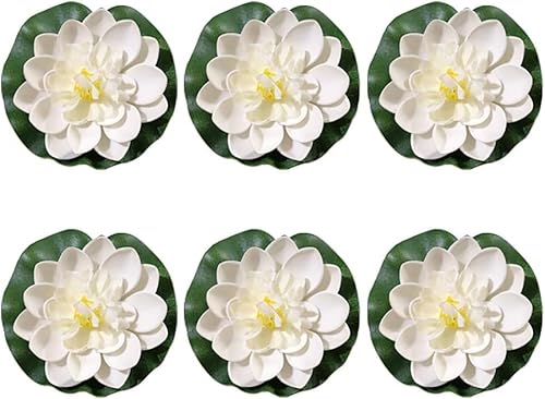SquarezhenBo 6 Pcs White Artificial Lotus Large Floating Lotus Flowers Faux Water Lily Flowers Fish Pond Artificial Plants with Artificial Lily Pads