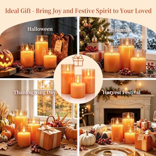 Image of Amagic Clear Glass Flameless Candles Battery Operated with Timer, Remote Control, LED Pillar Candles, Battery Powered for Halloween, Thanksgiving, Fall Home Decor, Orange, Set of 3