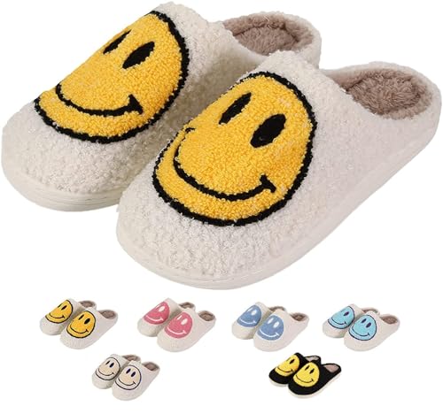 LEZIRTOI Retro Fuzzy Happy Face Slippers for Women Yellow Size 44/45