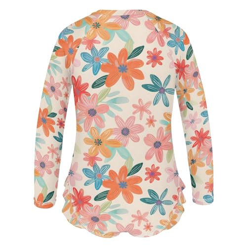 Flowers Colored Pattern Girls One Piece Rash Guard Swimsuit, Girls Long Sleeve Swimwear for 3-12Y3