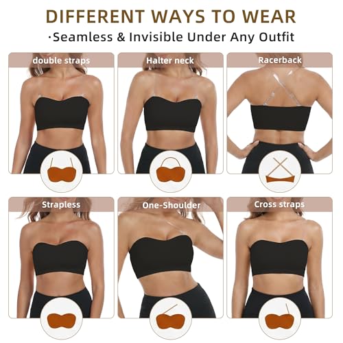 Image of Zimcti Strapless Bras for Women-Non Slip Silicone Grip Bandeau, Wirefree Seamless Tube Top, Removable Pads, Clear Strap