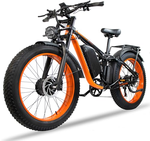 Dual Motor 5000W/3000W Peak Electric Bike for Adults 48V/22.5AH, 35MPH, Full Suspension Ebikes, 26Inch Fat Tire Hunting-Bike for Off-Road Mountain Commuting Snow Electric Bicycles for Men/Orange