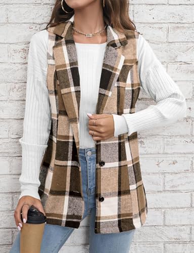 Mywinway Plaid Vest for Women 2025 Fall Winter Sleeveless Lapel Neck Long Blazer Jackets Cardigan Outerwear3