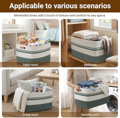 HOBASKET 75L Large Blanket Basket, 22"x17"x12"Rectangle Cotton Rope Woven Storage Basket with Handles, Laundry Hamper for Living Room, Nursery, Bedroom - Chemical-Free, Kid & Pet Safe - Sage Green - 5