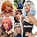 NOBLE Pink Orange Wig for Women Peach Wig with Bangs Ombre Bob Curly Wigs with Air Bangs Synthetic Short Wavy Wigs with Bangs Heat Resistant Synthetic Daily Party Cosplay Costume Wigs
