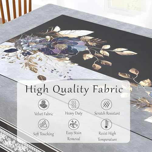 Image of Cloth Fusion Velvet Floral Dining Table Cover Cloth 6 Seater with Stunning Gold Foil Design for Home Decor (60x90 Inch, Black)