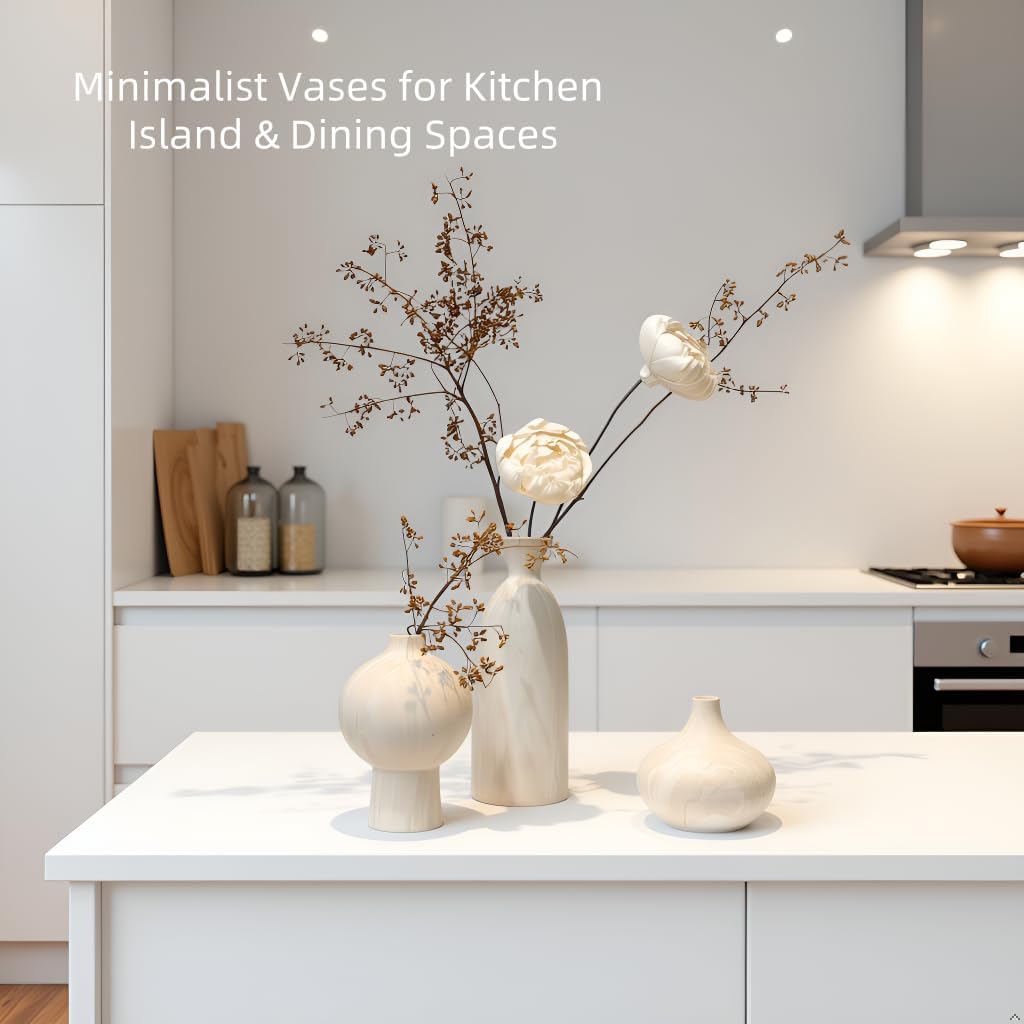 White Ceramic Vase Set of 3 in Beige, Modern Aesthetic Stone-Look Textured Pottery Vases for Shelf & Bookshelf Home Decor, Neutral Minimalist Decorative Vases for Flowers & Pampas Grass - Image 6