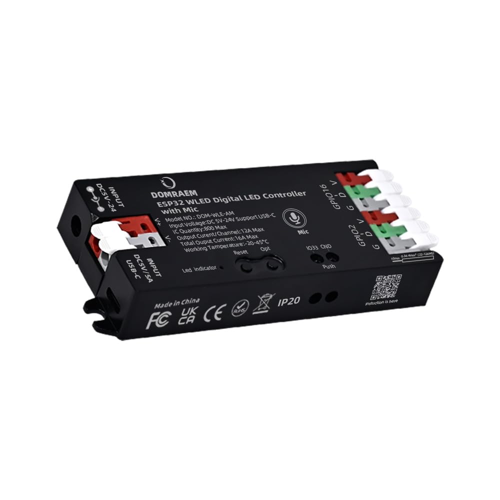 Controller WLED con Microfono, Controller Digitale ESP32 per Strisce LED RGB, RGBW, DC5-24V Controllers WLED Digitale Indirizzabile per Strisce LED WS2811, WS2812B, SK6812, WS2805