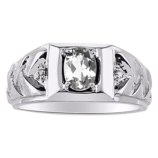 RYLOS Anillos para hombre de oro blanco de 14 quilates - Anillo de diamante y topacio blanco 7 x 5 mm de color piedra piedras preciosas para hombres joyería anillos de oro