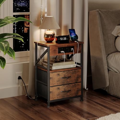 Flrrtenv Bedside Table with Power Strip, Bedside Cabinet with 2 Drawers, Bed Side Table for Bedroom, Night Stand, 2 AC Outlets, & 2 USB Ports, Side Table with Metal Frame, Rustic Brown
