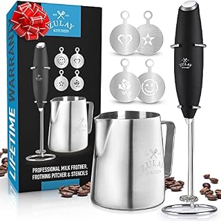 Zulay kompletny zestaw spieniacza do mleka, ręczny ekspres do pianki do latte, mikser do napojów kuloodpornych, mini blender, idealny do cappuccino, frappe, zawiera spieniacz, szablony i kubek do