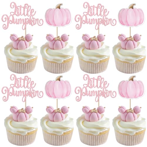 Rsstarxi 36 Pack Little Pumpkin Cupcake Toppers Baby Shower Decorations Cupcake Picks for Girl Birthday Party Cake Decorations Pink