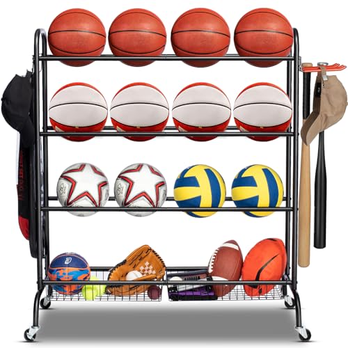 Basketball Rack, Rolling Basketball Shooting Training Stand,Sports Equipment Storage with Wheels, Four-Layer Organizer Holder with Two Basket for Basketballs Footballs Volleyball