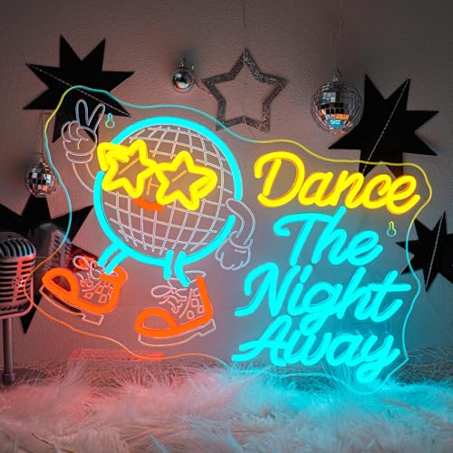 Image of Music Neon Sign Dance The Night Away Neon Disco Ball Light Up Retro Design for Theme Party Bar Dance Vintage Wall Decor Dimmable LED Music Light for Vintage Style Lovers and Dancers
