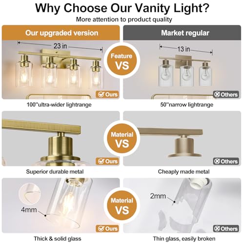 Image of Indoi 4-Light Bathroom Light Fixtures, Brass Modern Vanity Lights with Clear Glass Shades, Bathroom Wall Lamp for Mirror Living Room Cabinet Bedroom Porch
