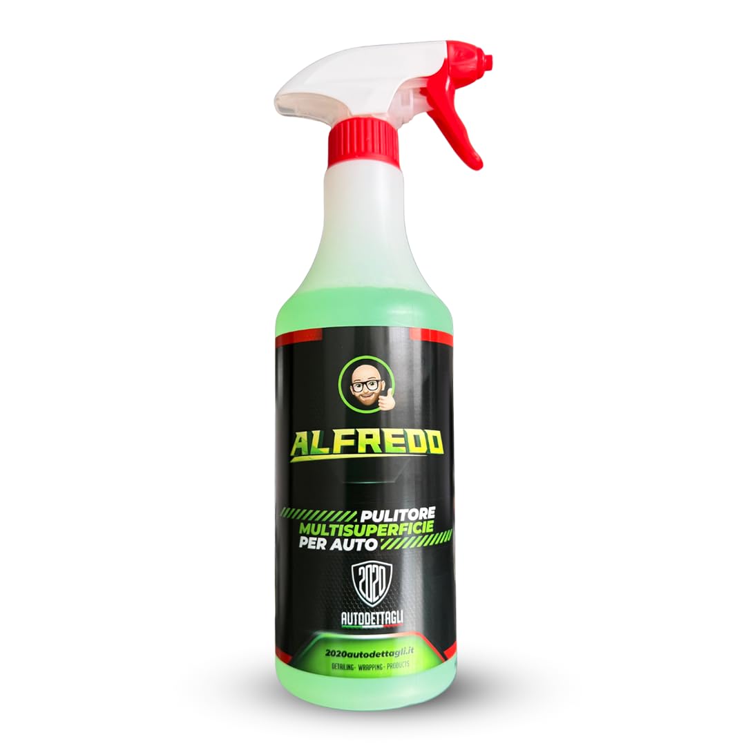 Alfredo Kit Pulizia per Interni Auto | Flacone da 750ml con Kit pennelli, Spazzola Morbida e 1 Panno Microfibra | Pulitore Tessuti, plastiche, Pelle, Volante, Cielo Interno, Cerchioni, cruscotto