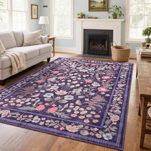 Image of Przemy Area Rugs for Living Room, 5x7 Washable Rug Floral for Kid's Bedroom, Non Slip Rustic Carpet for Office Bedside Floors Indoor, Purple