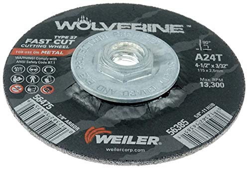 Image of Weiler 56385 4-1 /2 Inch Cutting Wheel, Wolverine AO Steel /Metal Fast Cutting, 3 /32 inch A24T Type 27 5 /8 inch-11 Hub, Pack of 10