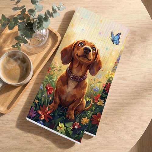Image of 2 Pcs Cute Dachshund Floral Kitchen Towels 24x14 Inch, Floral Dachshund Gifts Reusable Dish Towels for Kitchen Bathroom Decor, Waffle Weave Absorbent Tea Towel, Weiner Dog Gifts for Women Mom Friend