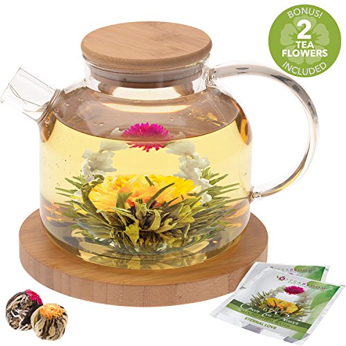 Image of Teabloom Stovetop Safe Glass Teapot with Bamboo Lid (40oz /1200ml) + Loose Leaf Tea Filter Spout + 2 Blooming Teas + Large Bamboo Trivet - Natural Flowering Tea Gift Set