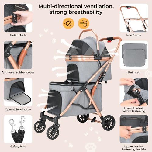 MAMIZO Doppelter Hundebuggy, Haustiere Buggy bis 15 kg, Faltbar 2 Etagen Hundewagen, Katzenbuggy für 2 Etagen mit 4 PCS verschleißfeste PU-Räderr, Hundebox Transporttasche, Grau