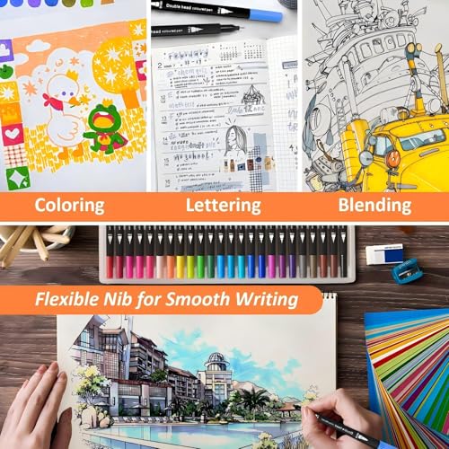 FZMIT 24 Colouring Pens,Felt Tips Pens for Adults Colouring Books-Coloured Dual Tip Brush Pens Markers and Fineliners Art Supplies for Drawing Painting Sketching Highlighting - Image 4
