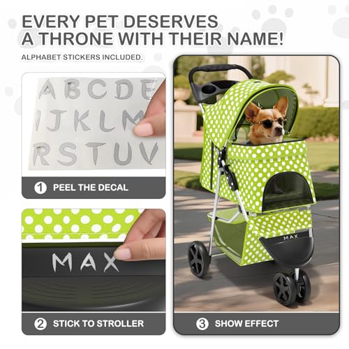Image of MoNiBloom 3 Wheels Pet Dog Cat Stroller for Small Medium Dogs Cats, Foldable Jogger Stroller w /Storage Basket and Cup Holder, Lawn Green Polka Dots