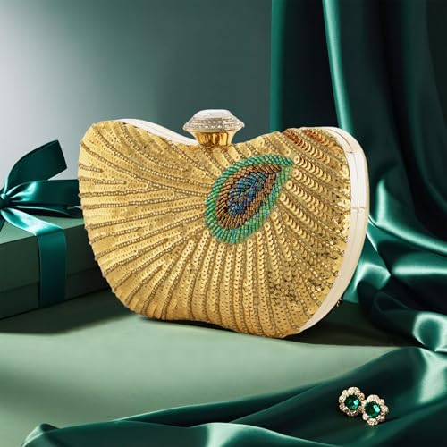 Image of Peacock Clutch Purse Evening Handbags for Womens Vintage Crossbody Shoulder Bags Sequin Feather and Detachable Chains (Gold)