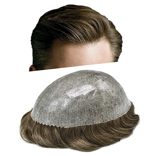 F M FACE MIRACLE NEW YORK Men's Toupee - Full Poly Hair Replacement System - All PU Injection Hairpiece - Medium Brown, 6x8#4, 120% Density