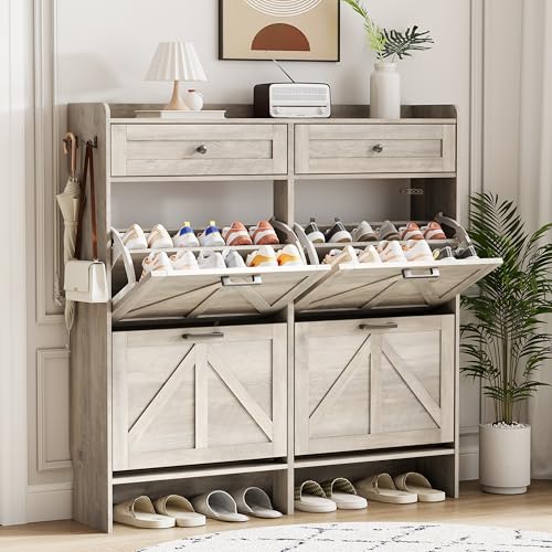 Image of Shoe Cabinet with 4 Flip Drawers & 2 Top Drawers, 43 inch Tall Freestanding Narrow Wooden Shoe Storage Organizer for Entryway, Hidden Slim Shoe Rack for Front Door Entrance, Hallway, Living Room, Grey