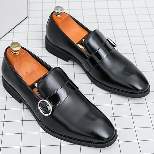 Men's Patent Leather Low Chunky Heel Loafers with Adjustable Buckle Fashion Slip On Pointed Toe Business Dress Shoes for Party Dating Prom4