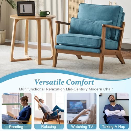VINGLI Solid Wood Wide Armrests Accent Chair,Upholstered Mid Century Modern Chair with Pillow,Comfy Reading Chair Farmhouse Arm Chair,Chairs Living Room,Bedroom,Guest Room,Linen Fabric,Navy Blue - Image 7