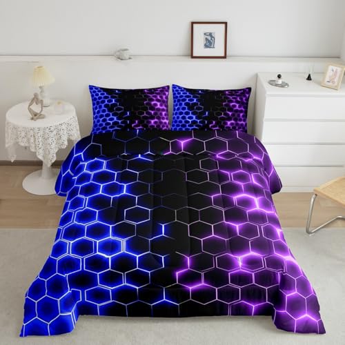 Image of Feelyou Blue Purple Honeycomb Bedding Set Fluorescent Geometric Honeycomb Comforter Set Beehive Hexagon Comforter for Boys Girls Geometric Duvet Set Queen Size Quilt 3Pcs Boys