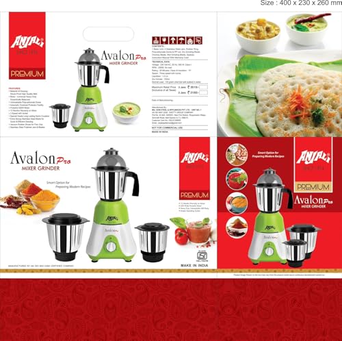 Image of Anjali Avalon Pro 550W Mixer Grinder with 3 Stainless Steel Multipurpose Jars for Juicing | Chutney Making | Dry Grinding | Wet Grinding | 12 Month Warranty | (Green, 3 Jars)