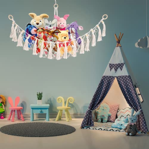 Stuffed Animal Hammock With Stars Light Strings - Tassels Boho Toy Hammock Corner Stuffed Animal Net Toy Storage Stuffed Animal Display Net Tassel For Kids (Plus Size, Two Types Of Hooks Available) #TOP1