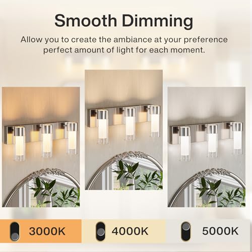 Image of Tribesigns LED Bathroom Light Fixtures, 3-Light Vanity Lights Over Mirror, Wall Lights with 3 Color Modes & Sand Nickel Finish, Wall Sconces with Clear Glass Shades for Bathroom Hallway Bedroom