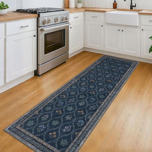 KILOCOCO 2x6 Runner Rug, Moroccan Super Soft Washable Hallway Entryway Runner Rug, Accent Print Faux Wool Kitchen Runner Rug 6 Feet Non-Slip Boho Rug Runner for Laundry Room Bedroom, Navy Blue