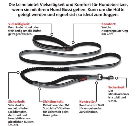 HALTI Aktiv Hundeleine – Griff mit Neopren-Polsterung, 3M-Reflektorgewebe und Stoßdämpfung. Freihandleine, Ideal zum Laufen mit mittelgroßen und großen Hunden (Größe Groß, Schwarz)