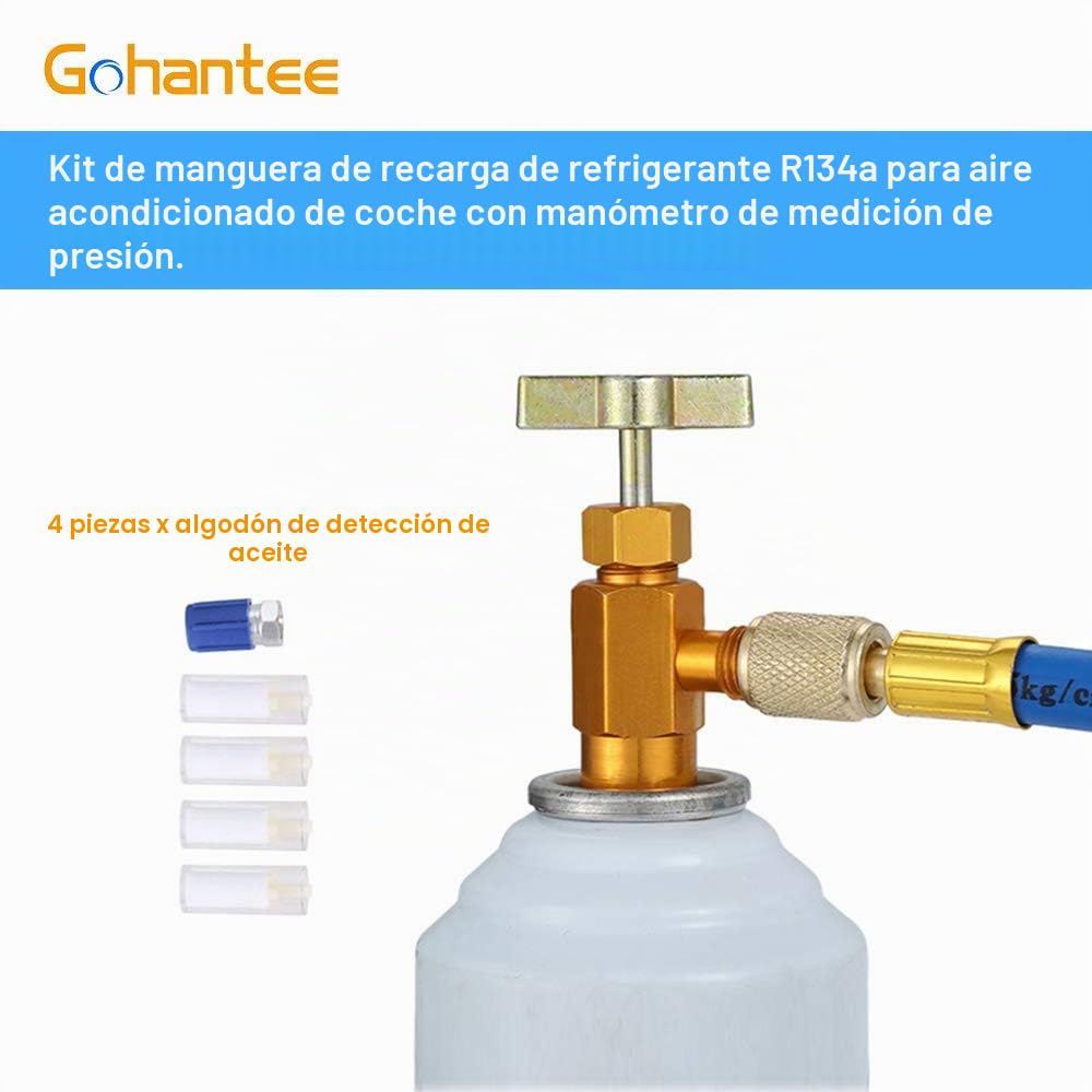 gohantee R134A Kit de manguera de recarga de refrigerante, válvula de reequipamiento de baja presión R12 a R134a con tapón antipolvo, algodón de detección de aceite para aire acondicionado