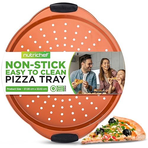 Nutrichef Non-Stick Pizza Tray for Oven, 33cm Round Carbon Steel Baking Trays with Perforated Holes, Silicone Handles, Dishwasher Safe, Pizza Stone Alternative, Copper